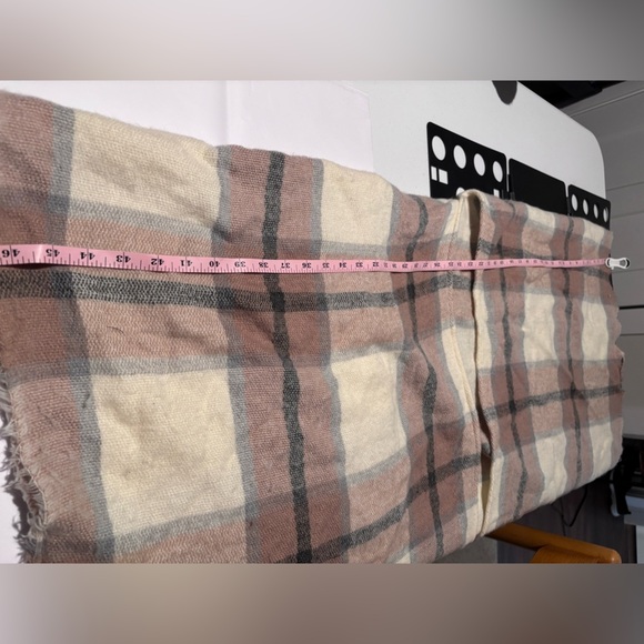 Plaid Fringe Open Front Poncho Wrap – Tan, Cream & Gray Checkered Shawl - Picture 12 of 13